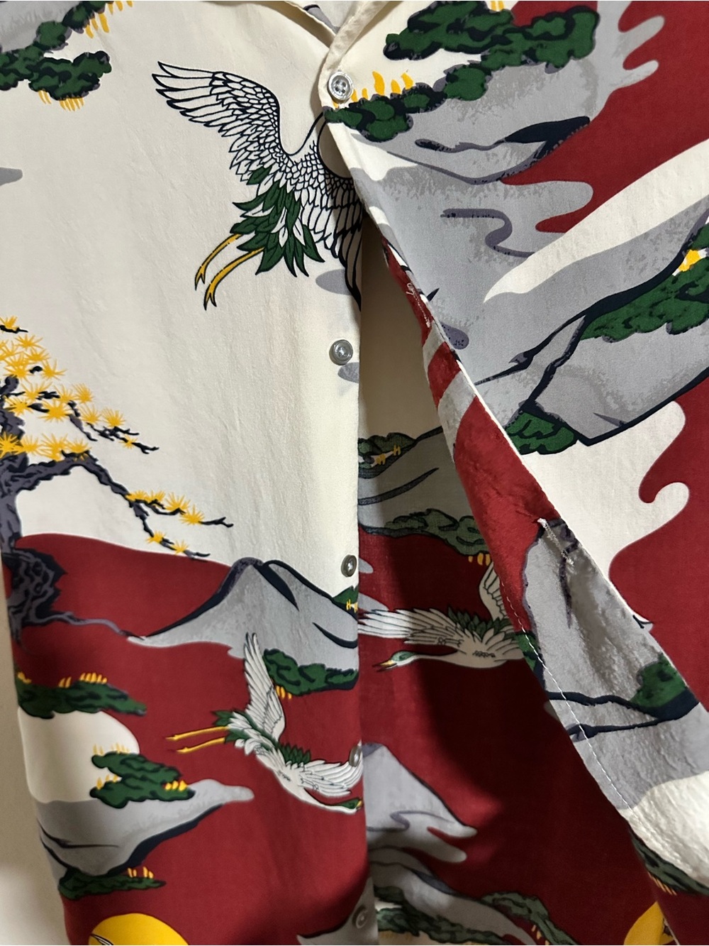 Denim & Flower Ricky Singh Burgundy, Cream & Yellow Crane Print Shirt - Picture 3 of 9